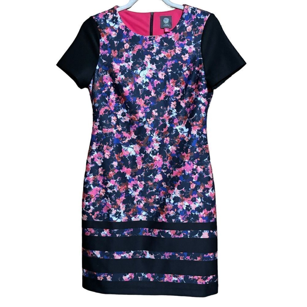Vince Camuto Dress Womens 6 Multicolor Floral Artsy Short Sleeve Sheath Cocktail